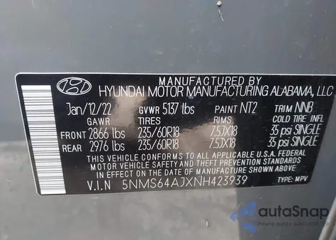 2022 Hyundai Santa Fe Sel из США, поврежденный, VIN 5NMS64AJXNH423939